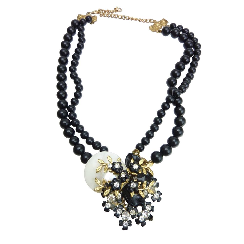 Vintage Beaded Double Strand Choker Necklace Adjustable Faux Diamond Shell